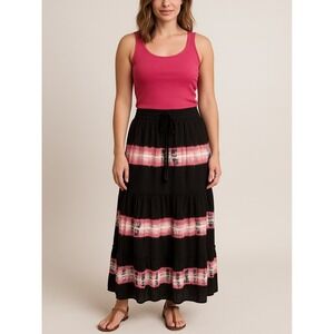 EUC Bohemian Hippie Tie Dye Smocked Waist Skirt Black Pink‎ Stripe Drawstring M